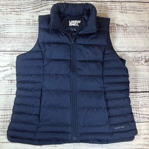 Lands' End Mens Down Puffer Vest Size L Full Zip Mock Neck Navy Blue Jacket